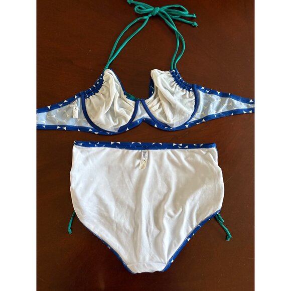 Pour Moi Hot Spots Halter High Waisted Bikini Swimsuit Blue/White UK 36E + UK 16 - Picture 10 of 12